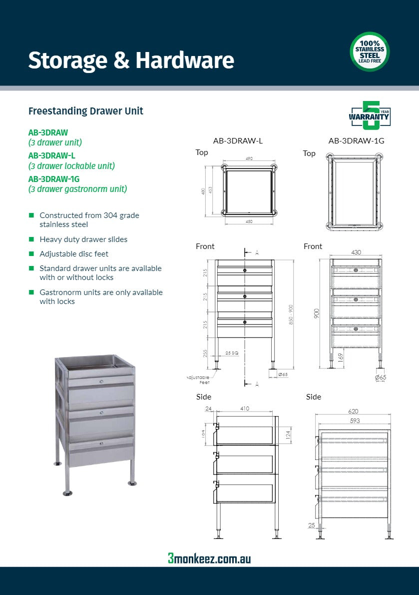 3Monkeez AB-3DRAW-1G - Gastronorm Freestanding Stainless Steel Drawer Unit