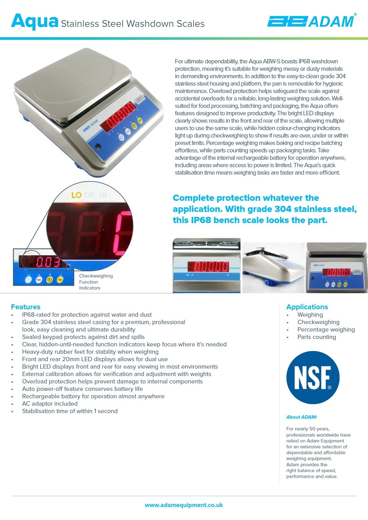 Adam Equipment Aqua ABW 16S - Stainless Steel Waterproof Scales