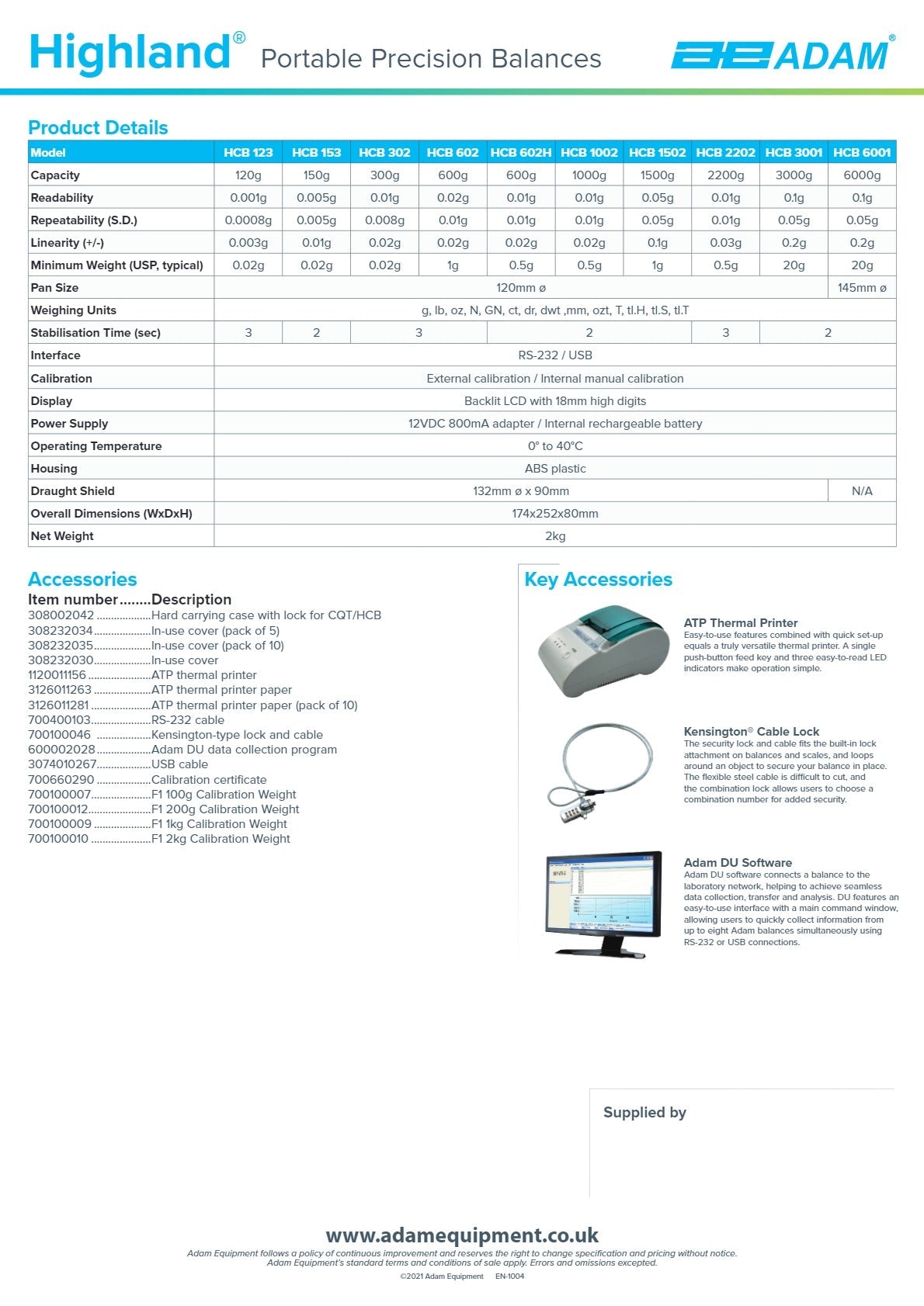Adam Equipment Highland HCB 3001 - Portable Precision Balance