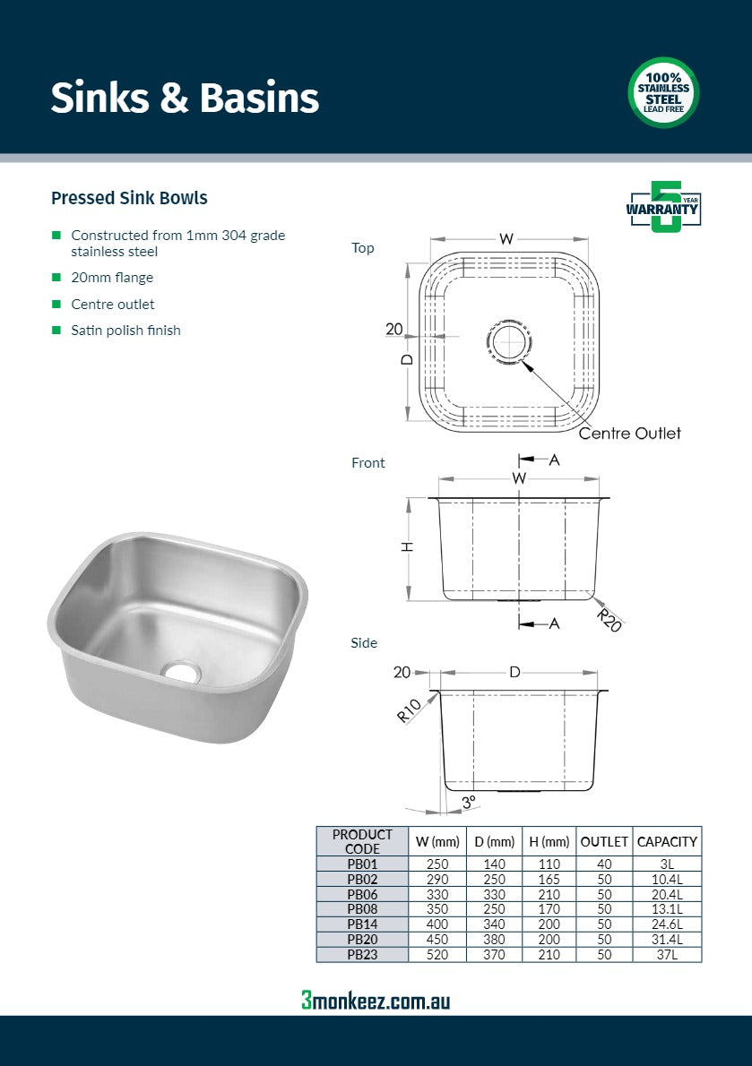 3Monkeez PB20 - Pressed Sink Bowl