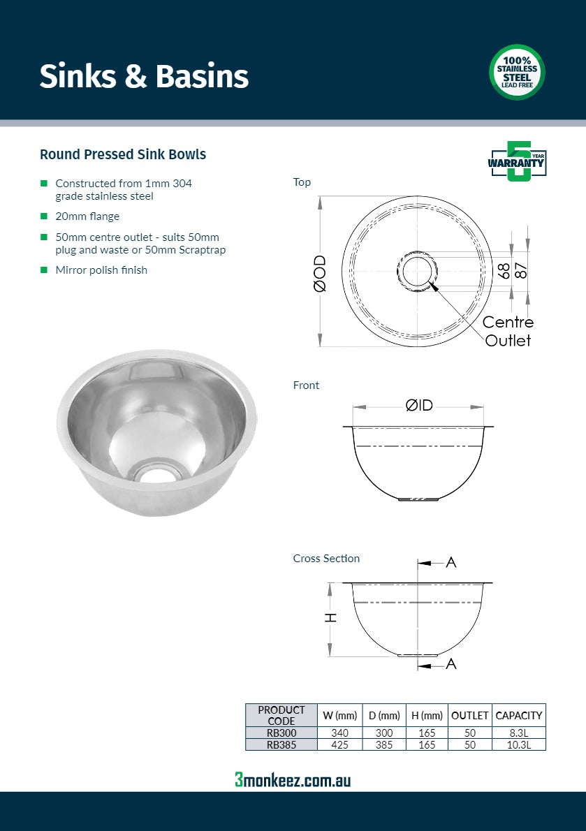 3Monkeez RB300 - Round Pressed Sink Bowl
