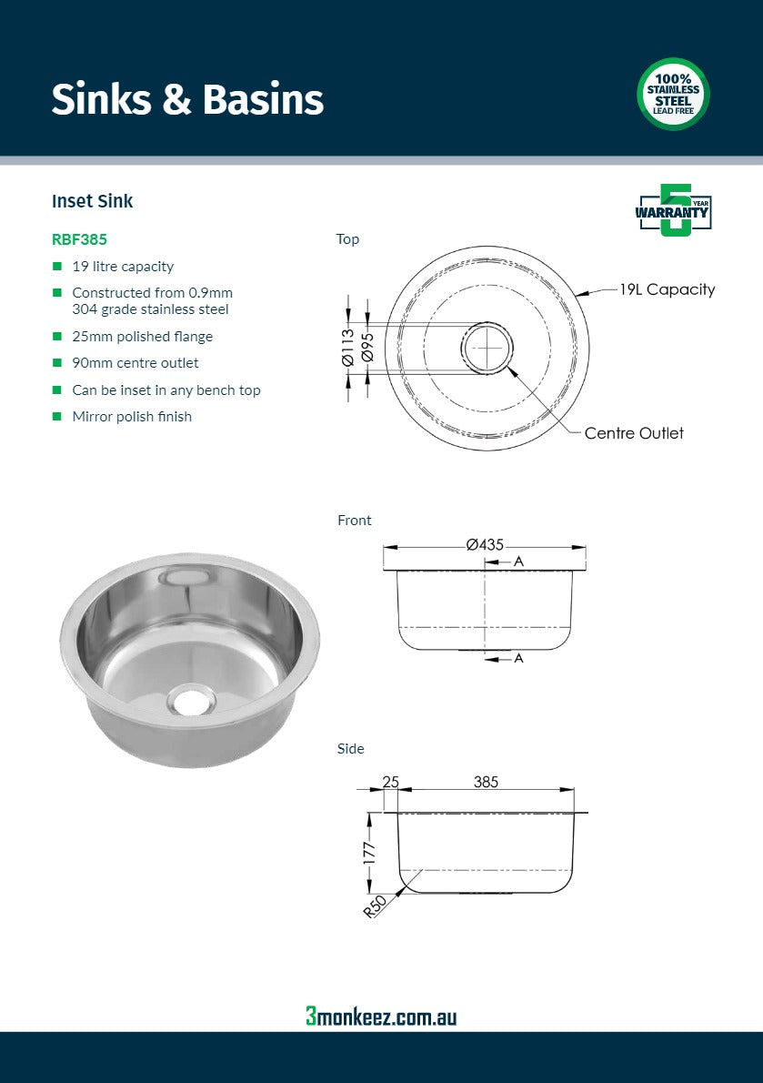 3Monkeez RBF385 - Inset Stainless Steel Sink