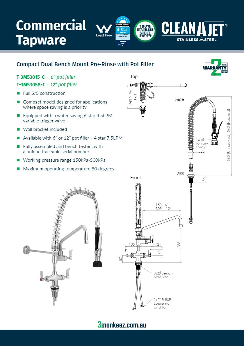 3Monkeez T-3M53015-C - Compact Dual Bench Mount Pre-Rinse