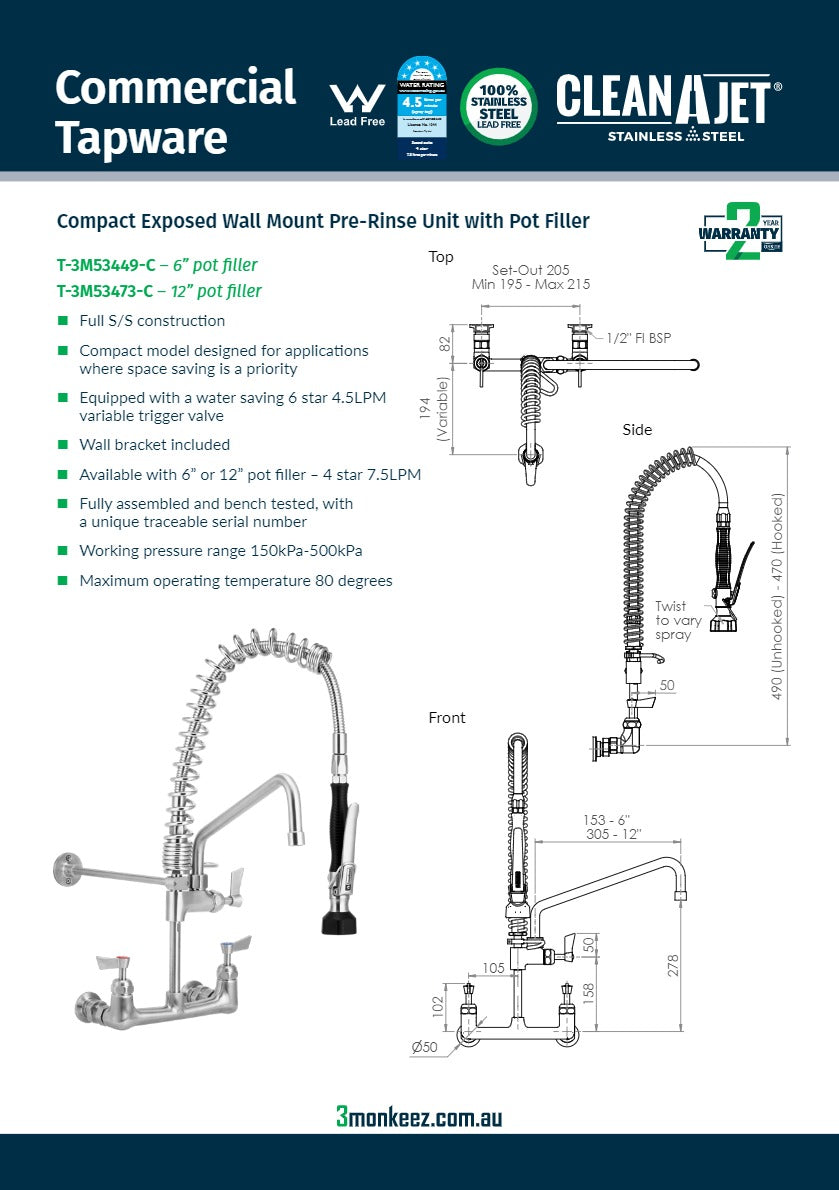 3Monkeez T-3M53449-C - Compact Stainless Steel Exposed Wall Mount Pre-Rinse