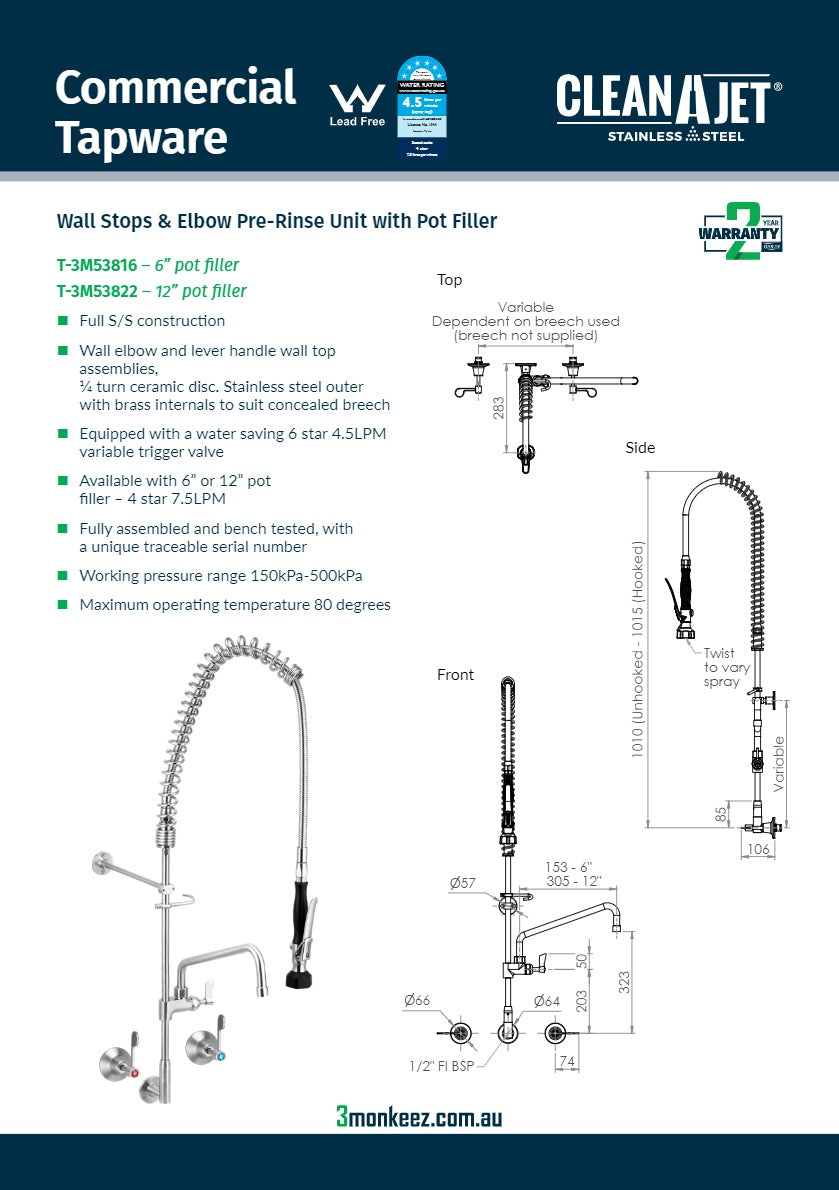 3Monkeez T-3M53816 - Stainless Steel Wall Stops & Elbow Pre-Rinse