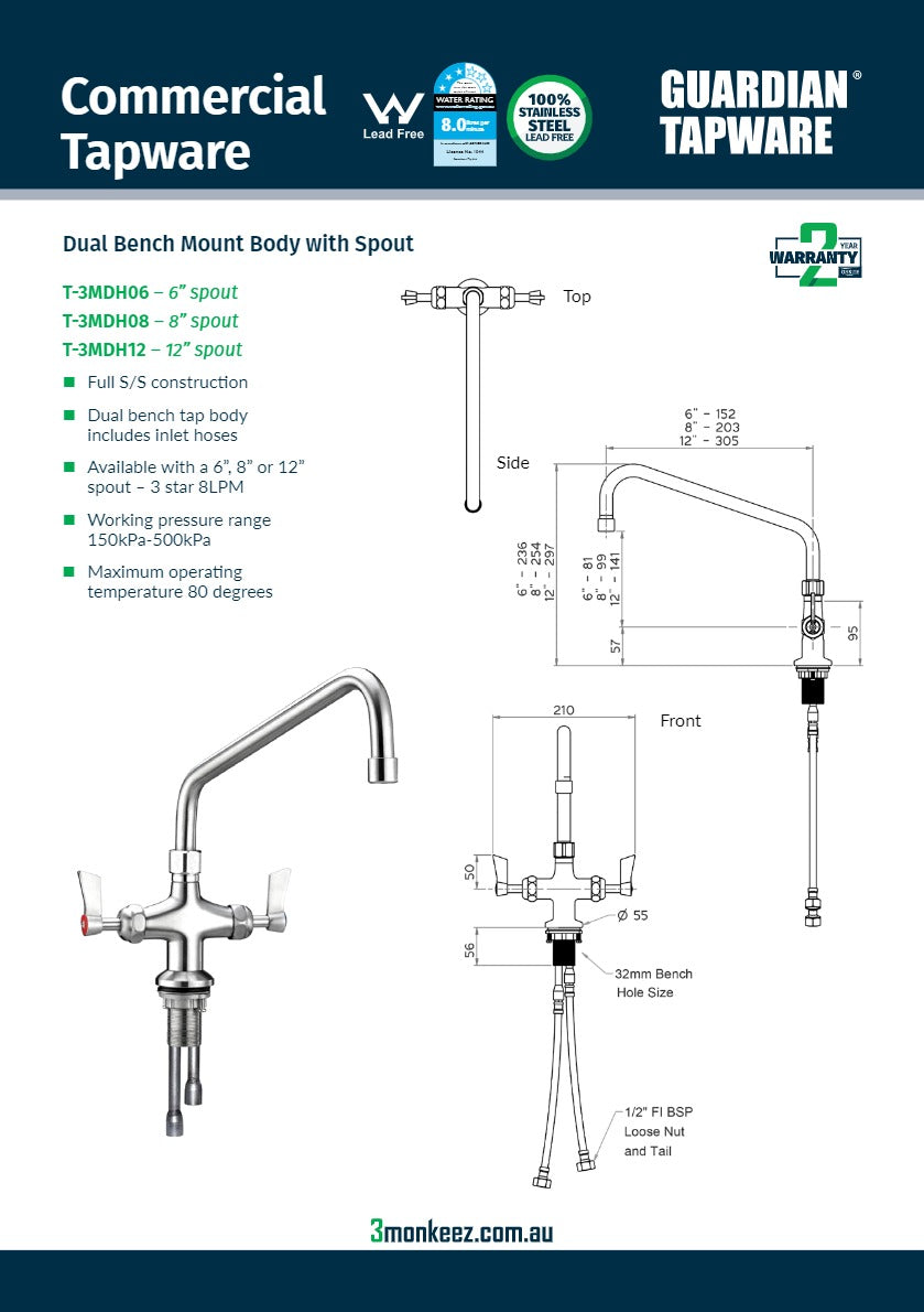 3Monkeez T-3MDH08 - Dual Bench Mount Tap Body with 8" Spout