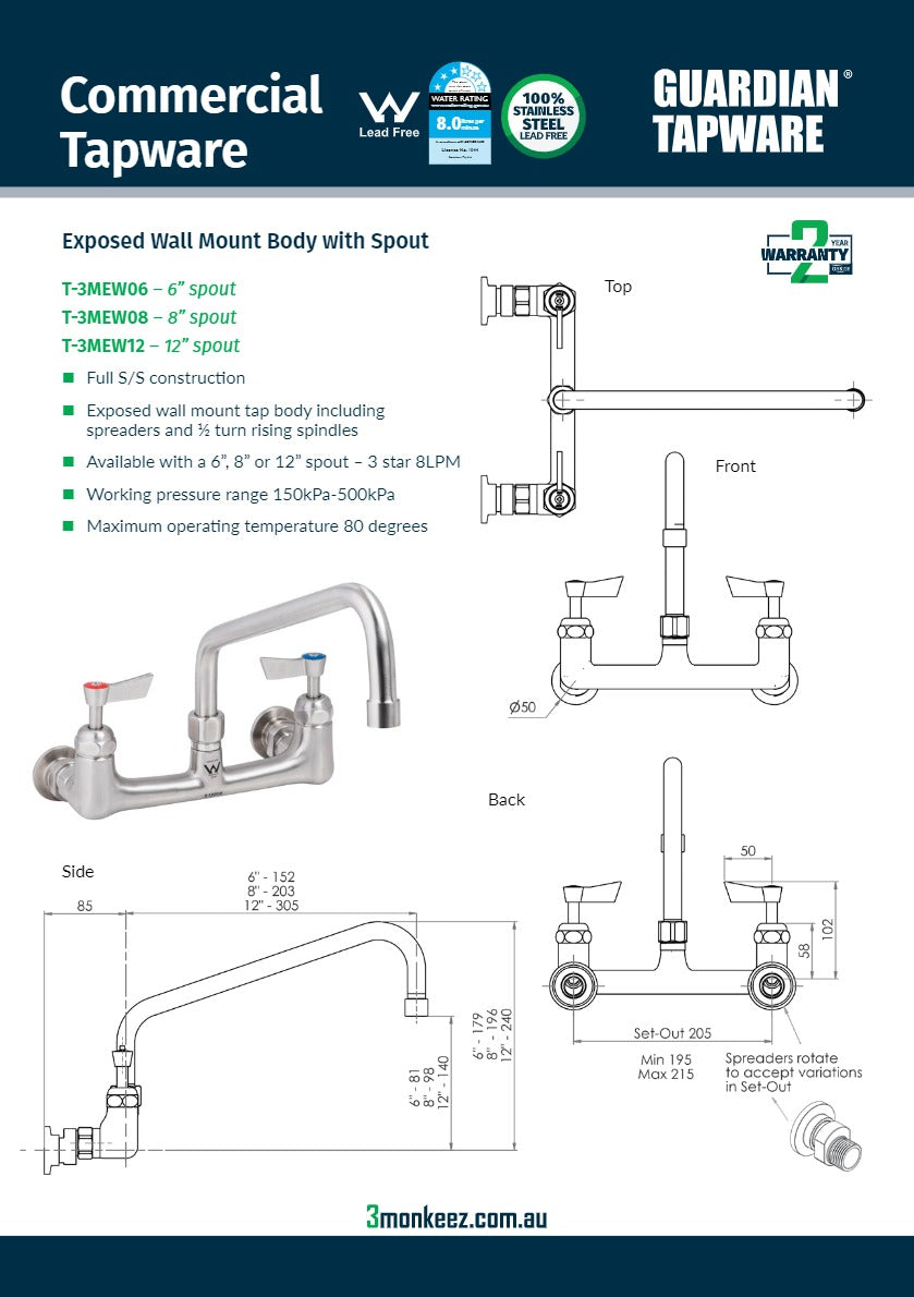 3Monkeez T-3MEW12 - Exposed Wall Tap Body with 12" Spout