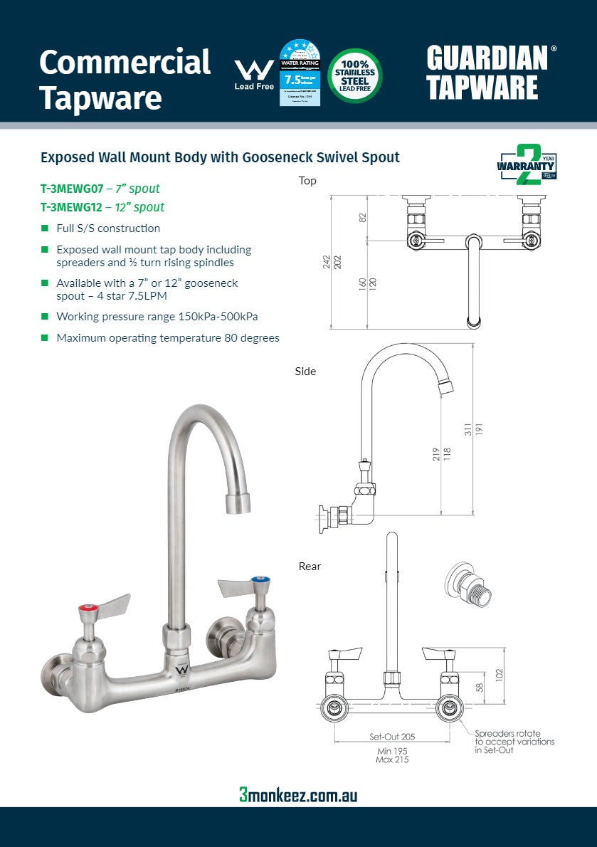 3Monkeez T-3MEWG12 - Exposed Wall Mount Body with Gooseneck Swivel 12" Spout