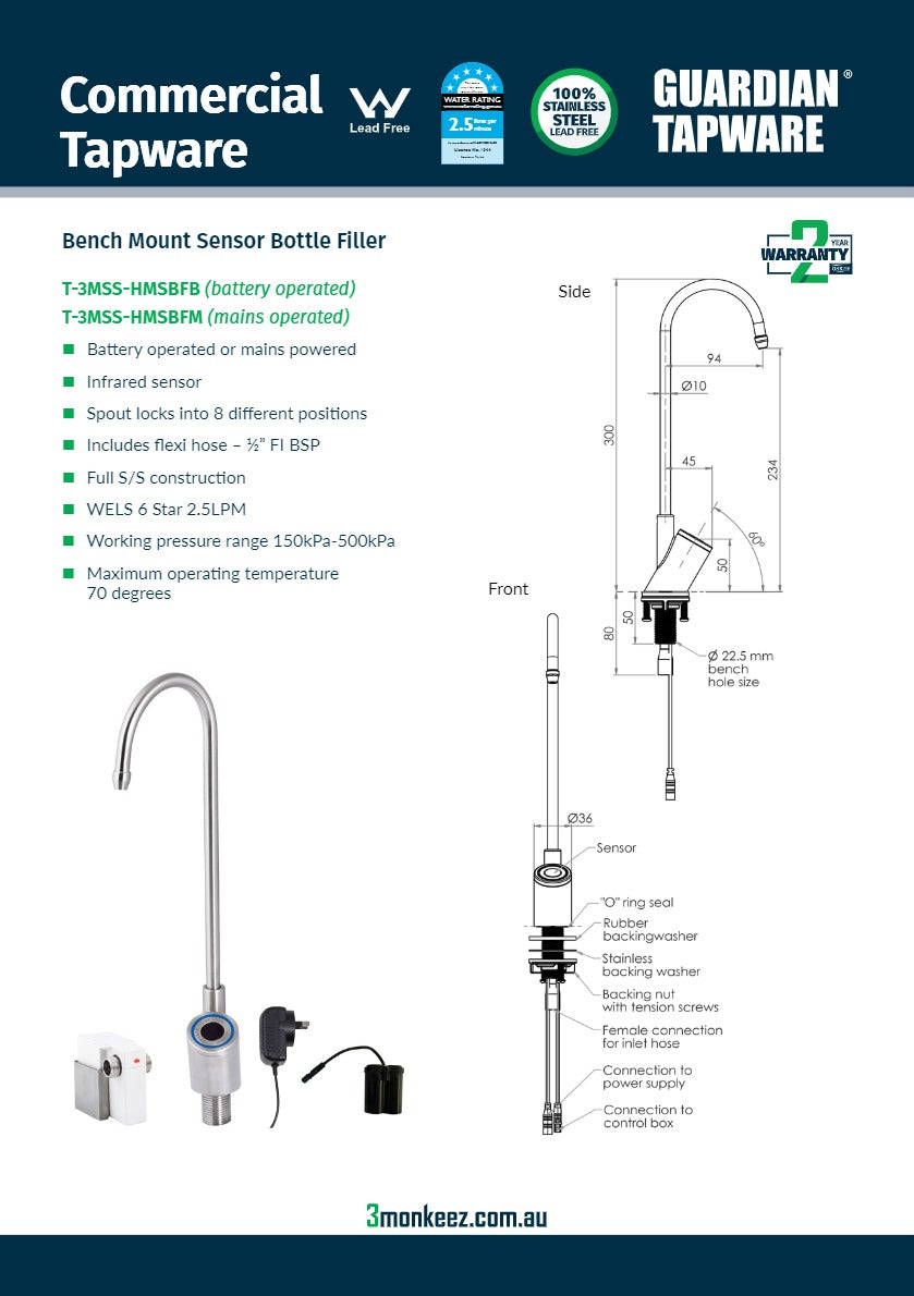 3Monkeez T-3MSS-HMSBFB - Hob Mounted Infrared Sensor Bottle Filler