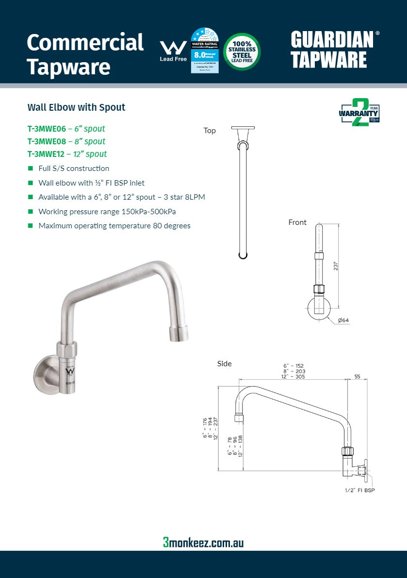 3Monkeez T-3MWE08 - Wall Elbow With 8" Spout