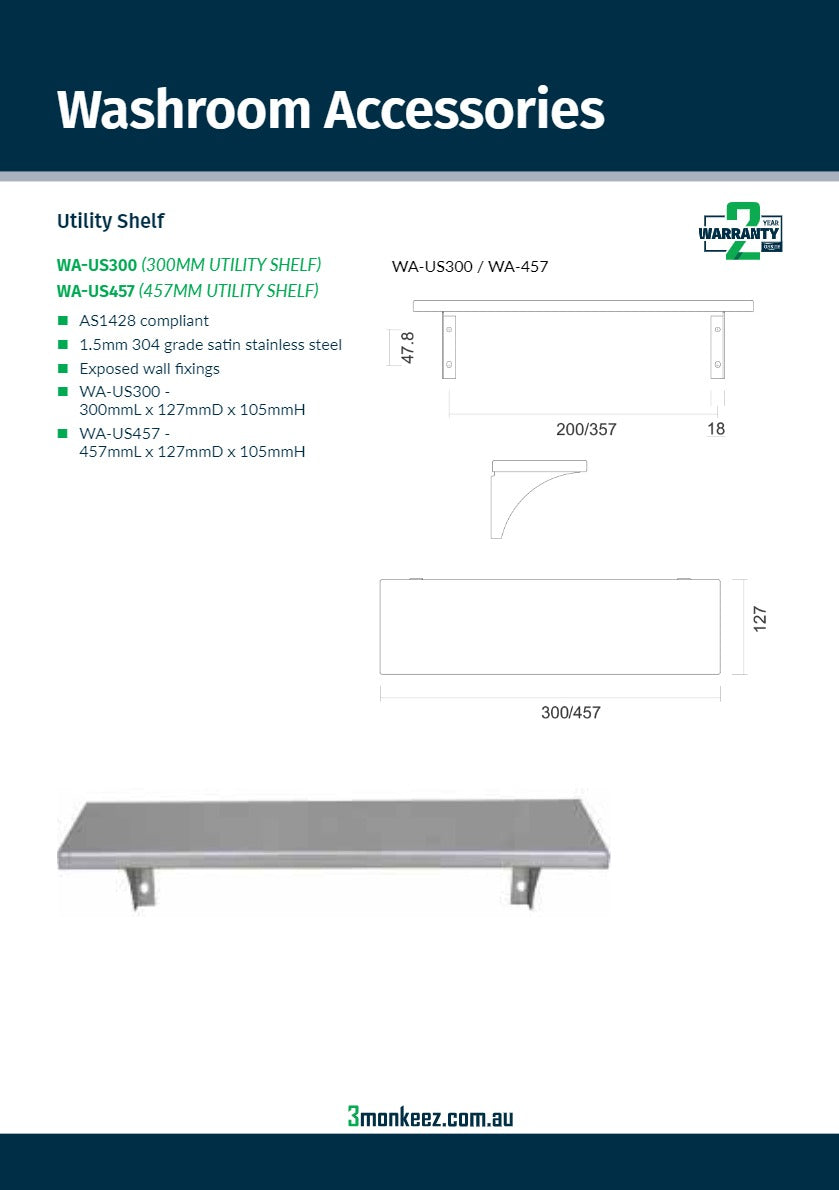 3Monkeez WA-US300 - Stainless Steel Utility Shelf